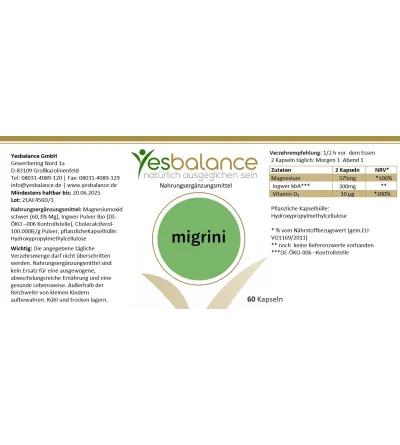 MIGRINI mit Magnesium, Bio Ingwer + Vitamin  D3