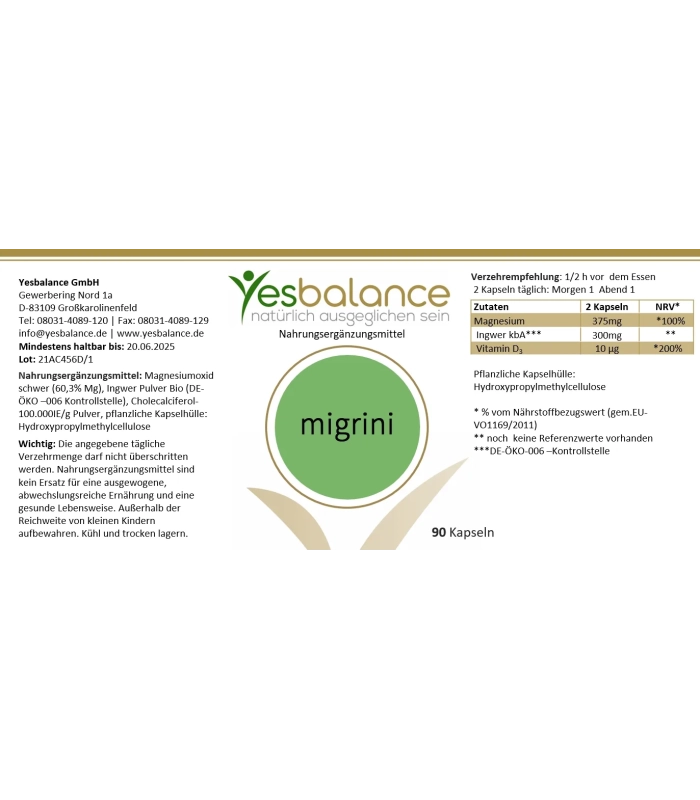 MIGRINI mit Magnesium, Bio Ingwer + Vitamin  D3